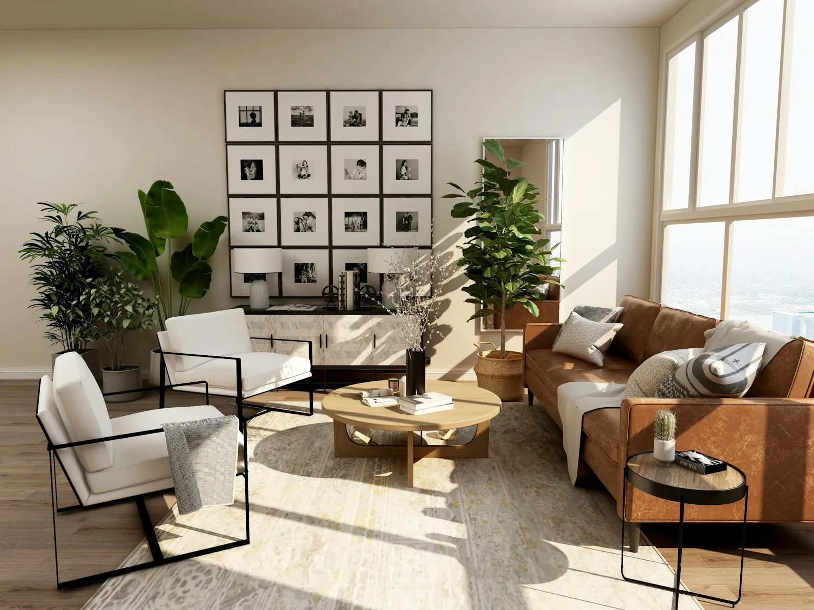 A living room with a leather sofa and plants, one of the homes on a recurring plan